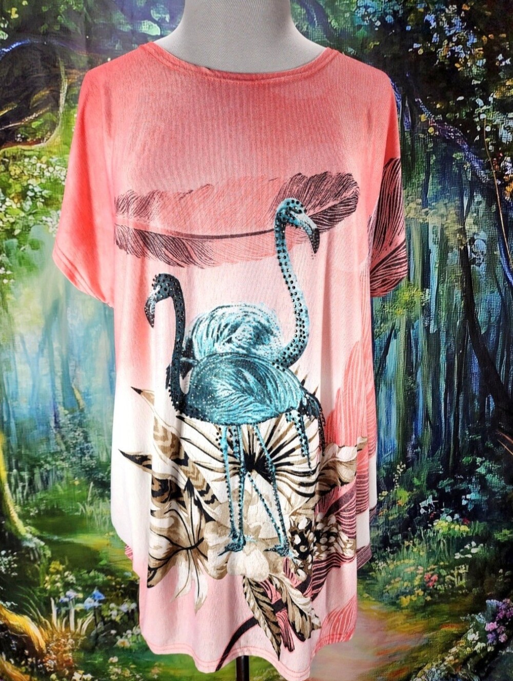🔥🦩 FLAMINGO Jvini Pink Teal Blue Crystal Rhinestone Naturecore Ruched Shirt